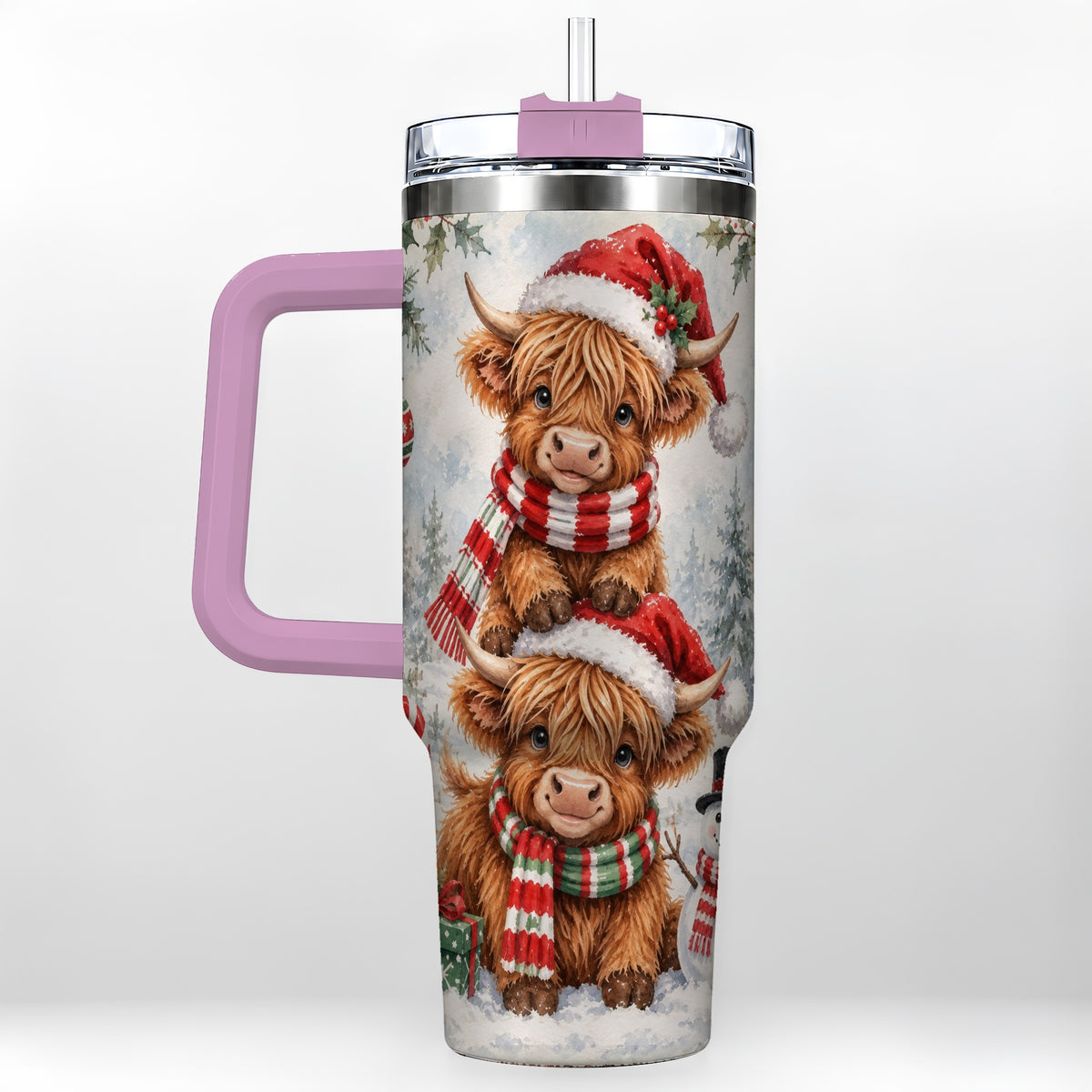 #pl[40oz|Pink] Christmas Cow 40oz Tumbler, Highland Tumbler, Stainless Steel Travel Cup