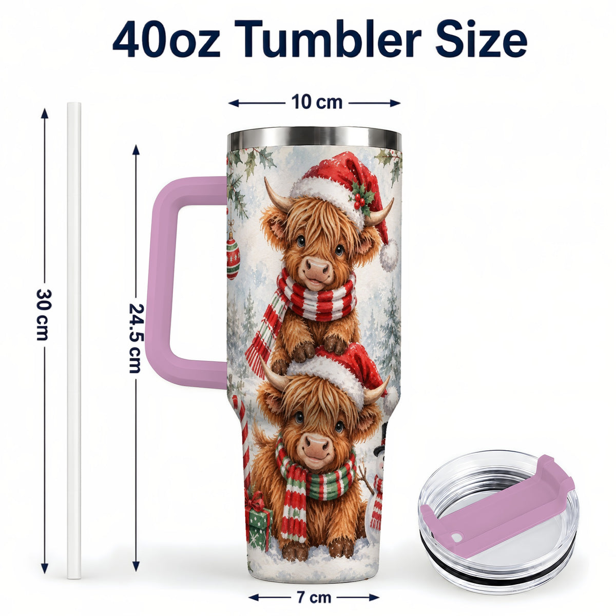 #pl[40oz|Pink] Christmas Cow 40oz Tumbler, Highland Tumbler, Stainless Steel Travel Cup
