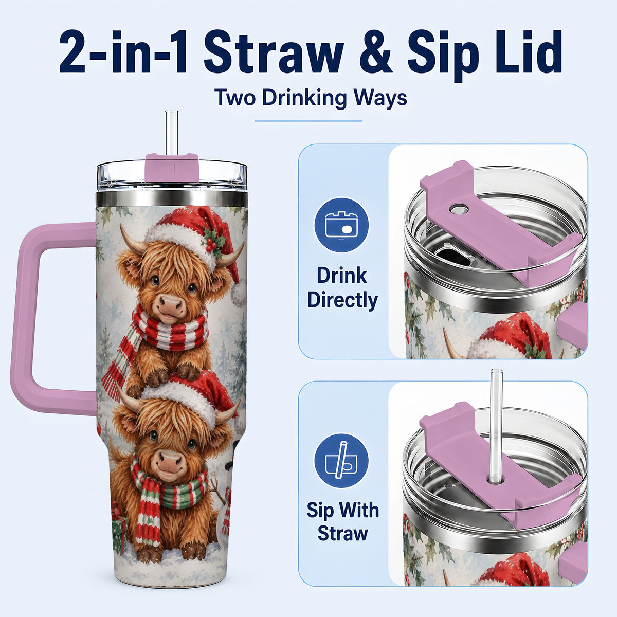 #pl[40oz|Pink] Christmas Cow 40oz Tumbler, Highland Tumbler, Stainless Steel Travel Cup