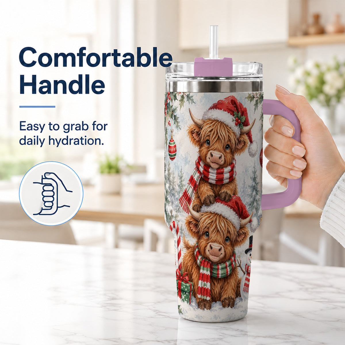 #pl[40oz|Pink] Christmas Cow 40oz Tumbler, Highland Tumbler, Stainless Steel Travel Cup