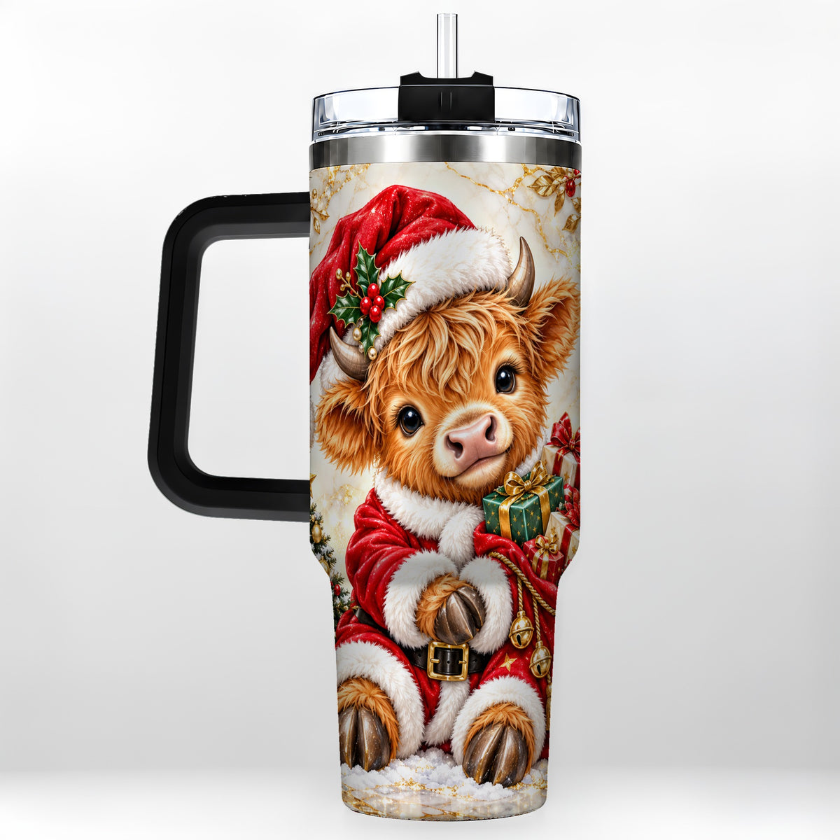 #pl[40oz|Black] Santa Highland Cow 40oz Tumbler, Cow Tumbler, Stainless Steel Travel Cup