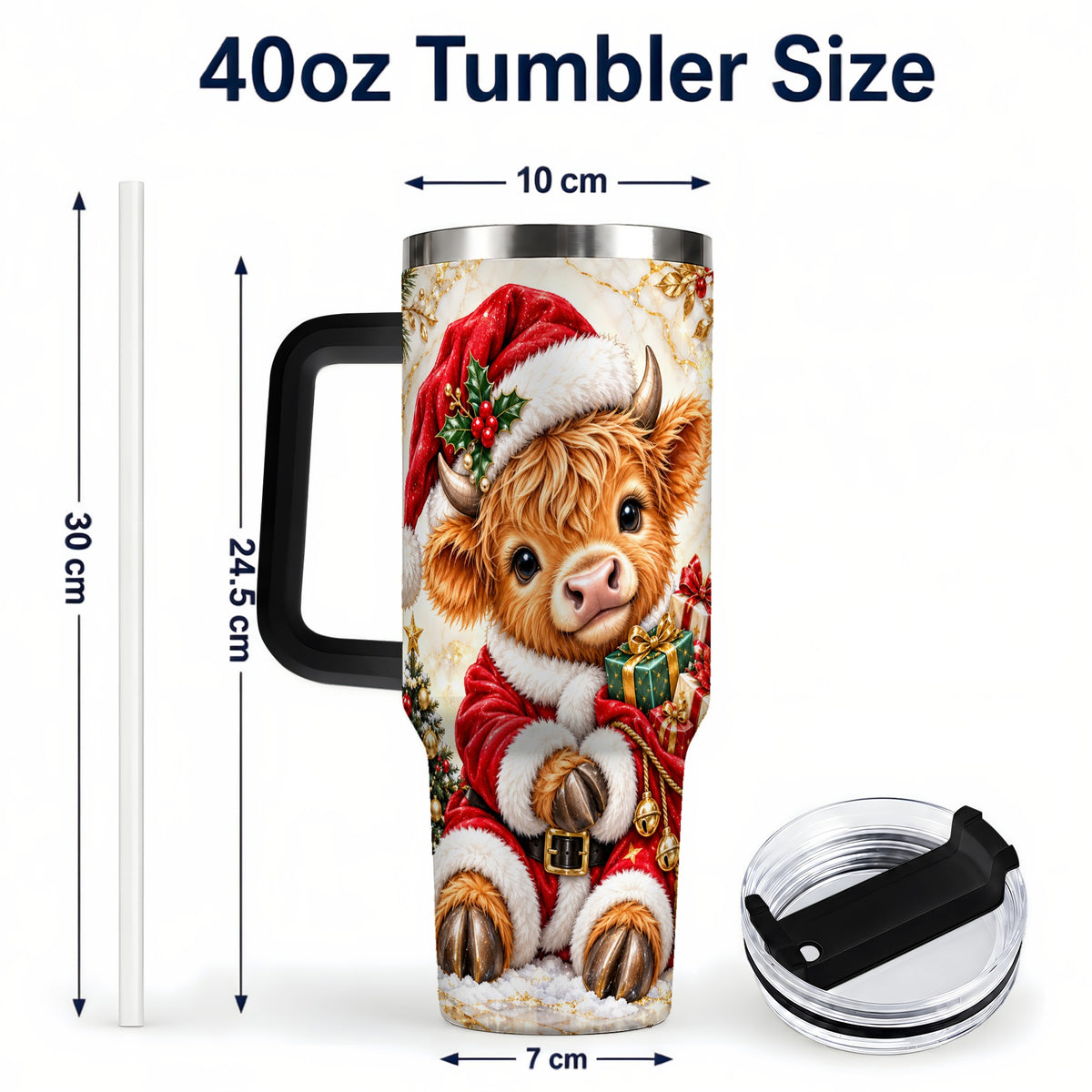 #pl[40oz|Black] Santa Highland Cow 40oz Tumbler, Cow Tumbler, Stainless Steel Travel Cup