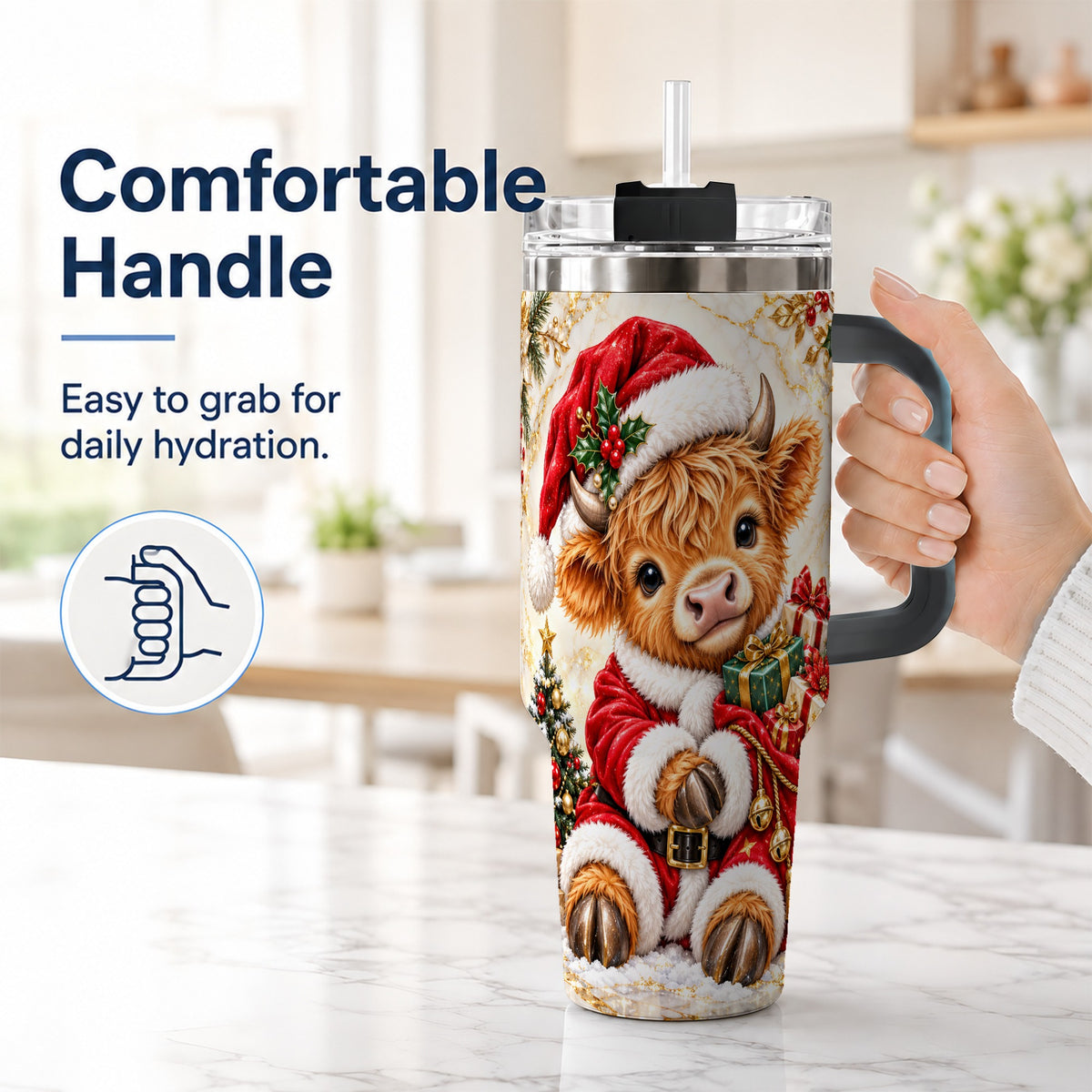 #pl[40oz|Black] Santa Highland Cow 40oz Tumbler, Cow Tumbler, Stainless Steel Travel Cup