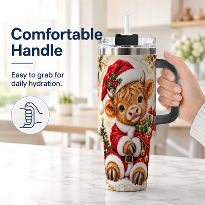 #pl[40oz|Black] Santa Highland Cow 40oz Tumbler, Cow Tumbler, Stainless Steel Travel Cup