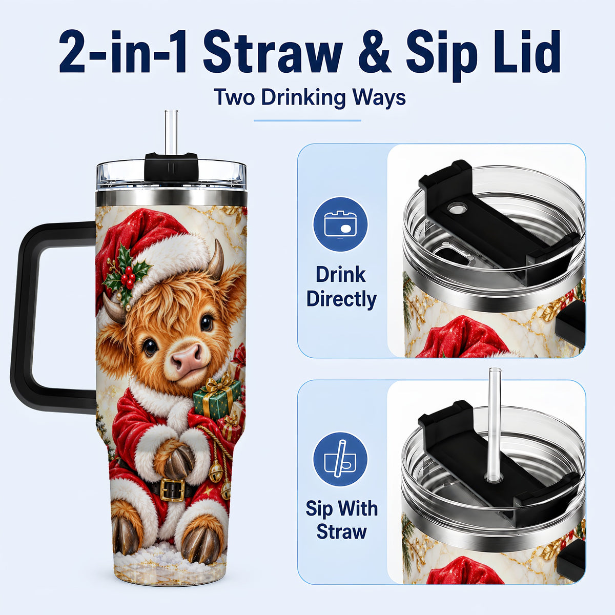 #pl[40oz|Black] Santa Highland Cow 40oz Tumbler, Cow Tumbler, Stainless Steel Travel Cup