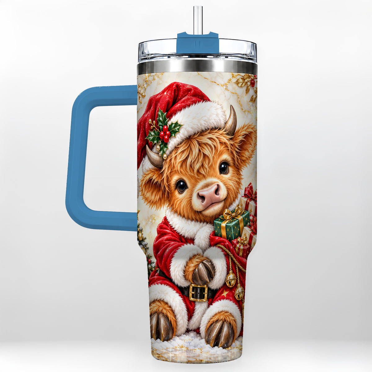 #pl[40oz|Blue] Santa Highland Cow 40oz Tumbler, Cow Tumbler, Stainless Steel Travel Cup