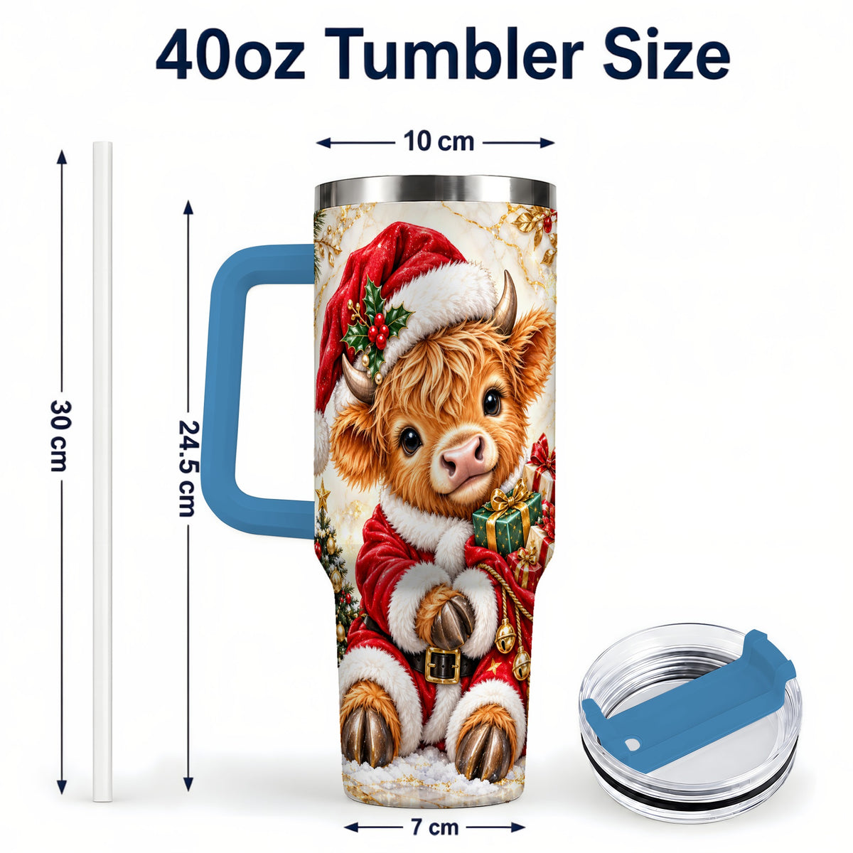 #pl[40oz|Blue] Santa Highland Cow 40oz Tumbler, Cow Tumbler, Stainless Steel Travel Cup