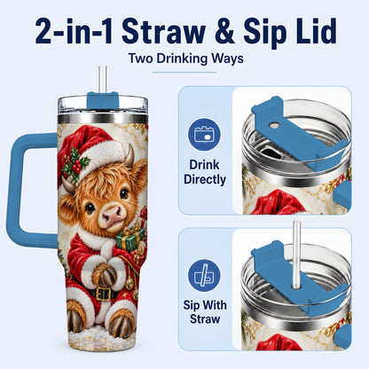 #pl[40oz|Blue] Santa Highland Cow 40oz Tumbler, Cow Tumbler, Stainless Steel Travel Cup