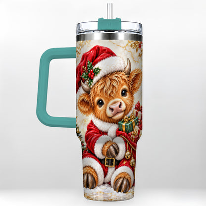 #pl[40oz|Green] Santa Highland Cow 40oz Tumbler, Cow Tumbler, Stainless Steel Travel Cup