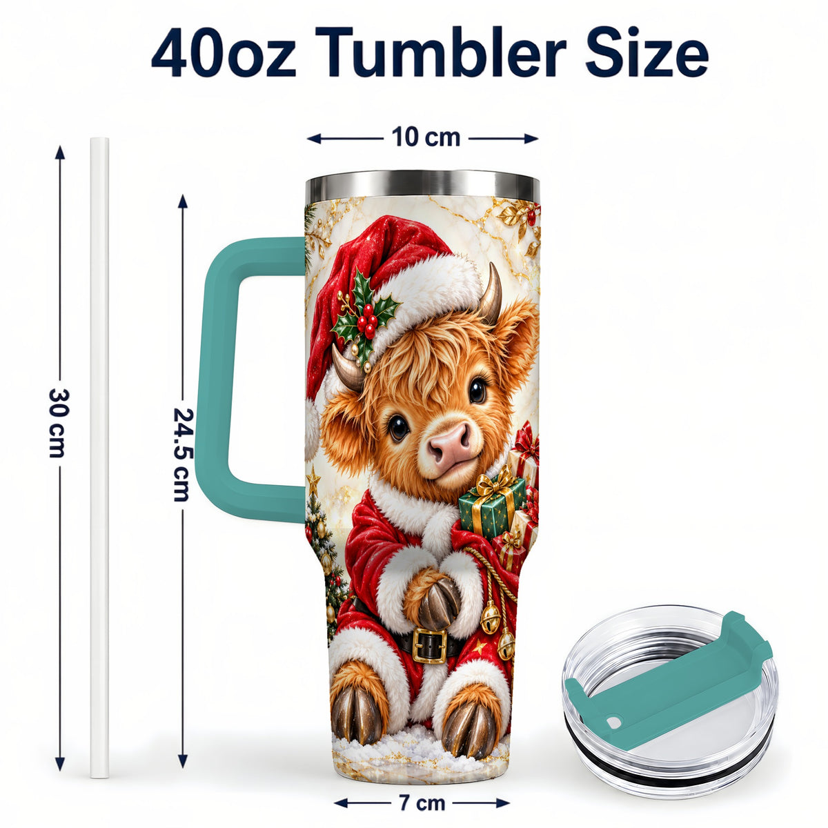 #pl[40oz|Green] Santa Highland Cow 40oz Tumbler, Cow Tumbler, Stainless Steel Travel Cup