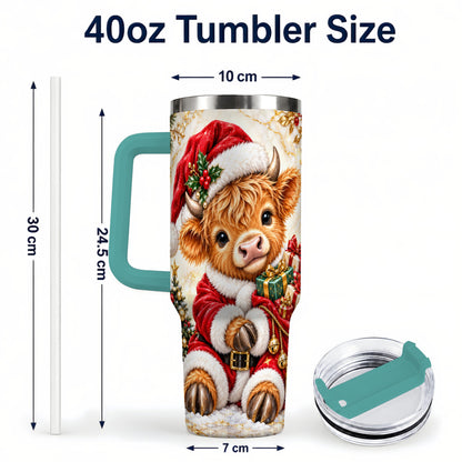 #pl[40oz|Green] Santa Highland Cow 40oz Tumbler, Cow Tumbler, Stainless Steel Travel Cup