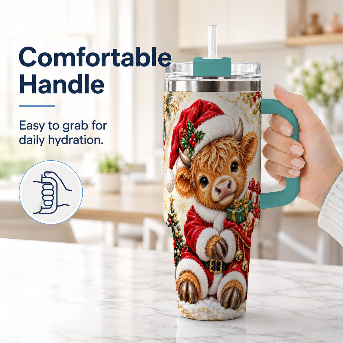 #pl[40oz|Green] Santa Highland Cow 40oz Tumbler, Cow Tumbler, Stainless Steel Travel Cup