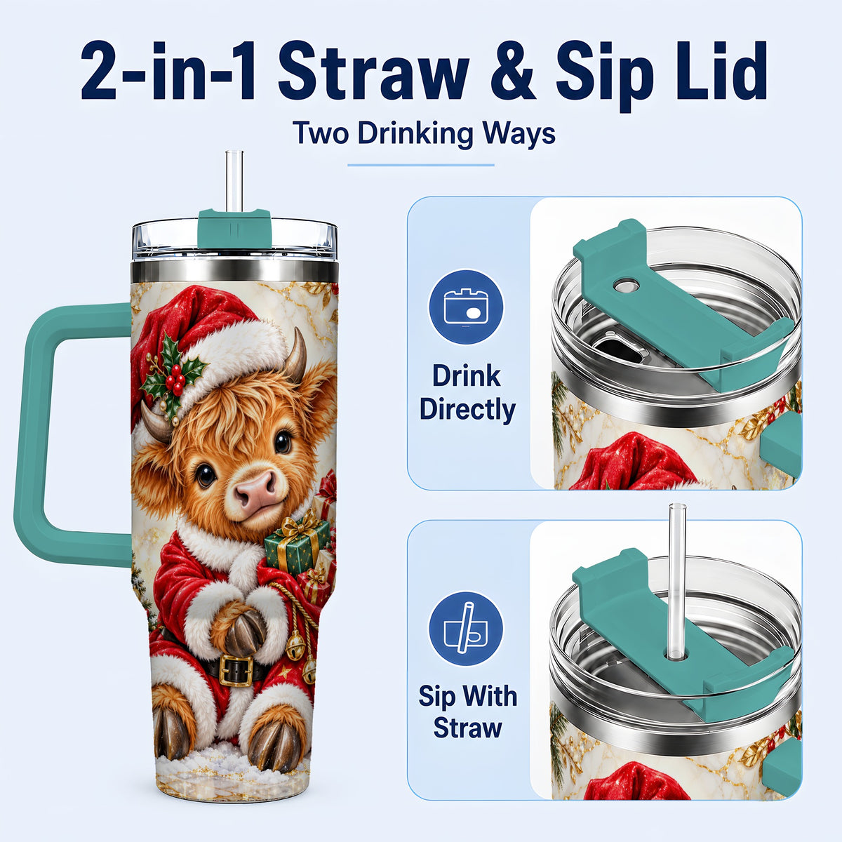 #pl[40oz|Green] Santa Highland Cow 40oz Tumbler, Cow Tumbler, Stainless Steel Travel Cup