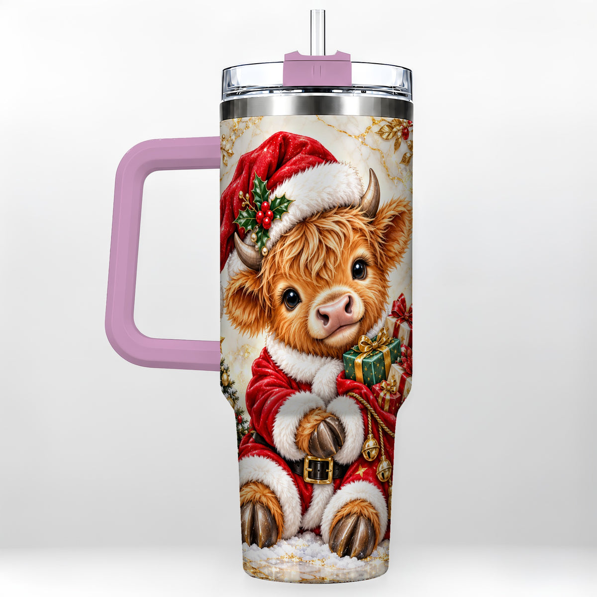 #pl[40oz|Pink] Santa Highland Cow 40oz Tumbler, Cow Tumbler, Stainless Steel Travel Cup