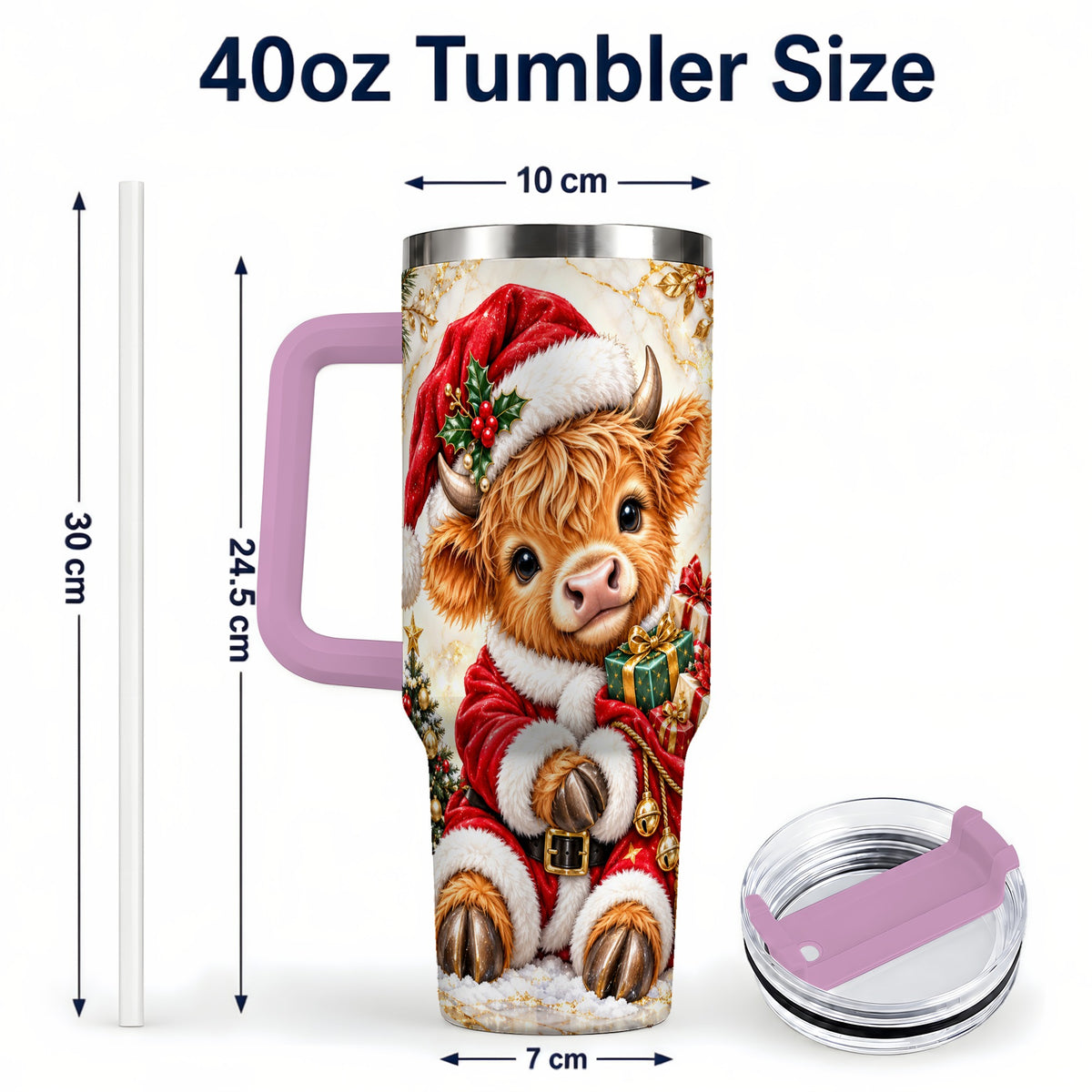 #pl[40oz|Pink] Santa Highland Cow 40oz Tumbler, Cow Tumbler, Stainless Steel Travel Cup