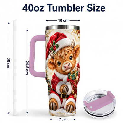 #pl[40oz|Pink] Santa Highland Cow 40oz Tumbler, Cow Tumbler, Stainless Steel Travel Cup