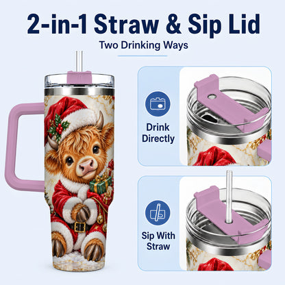 #pl[40oz|Pink] Santa Highland Cow 40oz Tumbler, Cow Tumbler, Stainless Steel Travel Cup