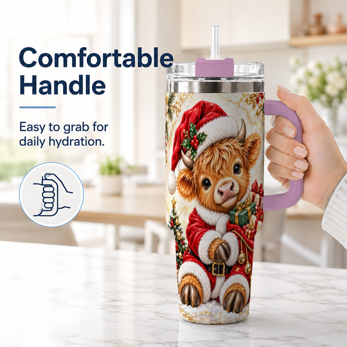 #pl[40oz|Pink] Santa Highland Cow 40oz Tumbler, Cow Tumbler, Stainless Steel Travel Cup