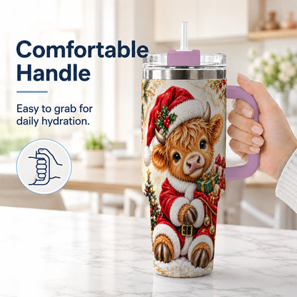 #pl[40oz|Pink] Santa Highland Cow 40oz Tumbler, Cow Tumbler, Stainless Steel Travel Cup