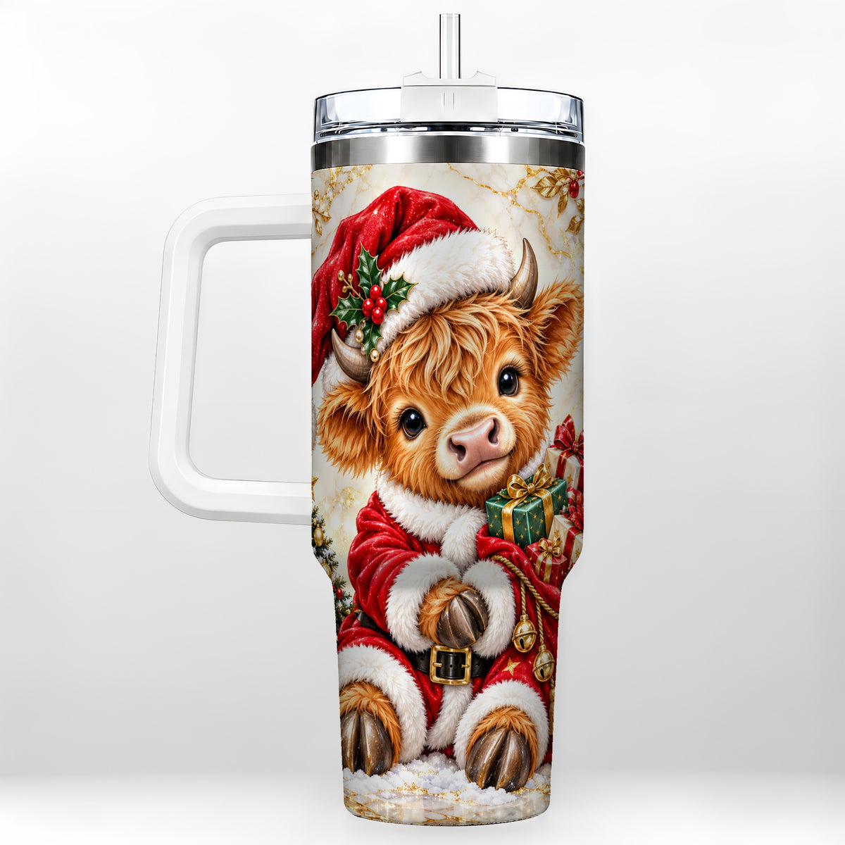 #pl[40oz|White] Santa Highland Cow 40oz Tumbler, Cow Tumbler, Stainless Steel Travel Cup