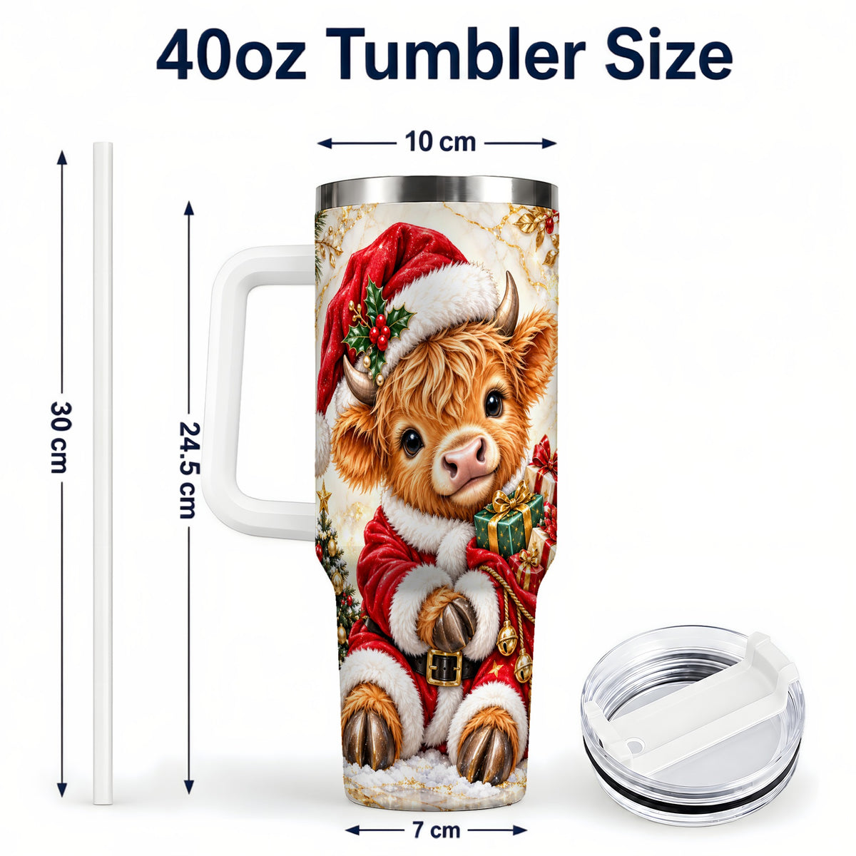 #pl[40oz|White] Santa Highland Cow 40oz Tumbler, Cow Tumbler, Stainless Steel Travel Cup