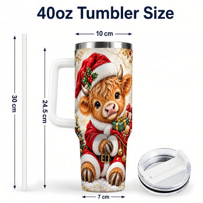 #pl[40oz|White] Santa Highland Cow 40oz Tumbler, Cow Tumbler, Stainless Steel Travel Cup