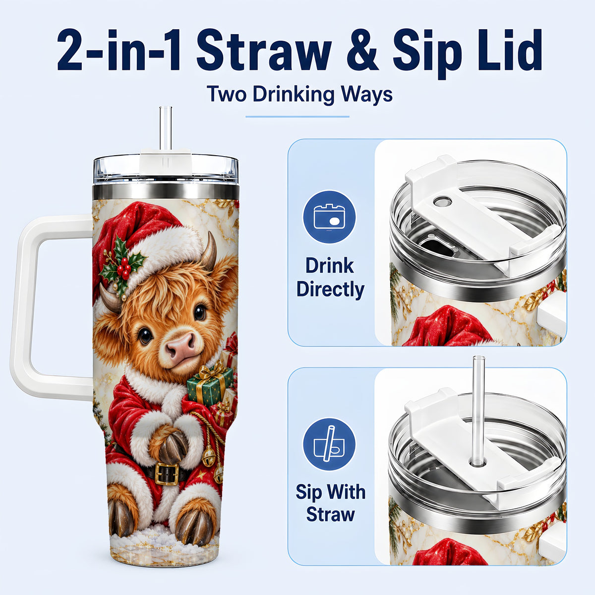 #pl[40oz|White] Santa Highland Cow 40oz Tumbler, Cow Tumbler, Stainless Steel Travel Cup