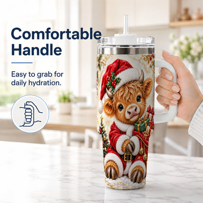 #pl[40oz|White] Santa Highland Cow 40oz Tumbler, Cow Tumbler, Stainless Steel Travel Cup