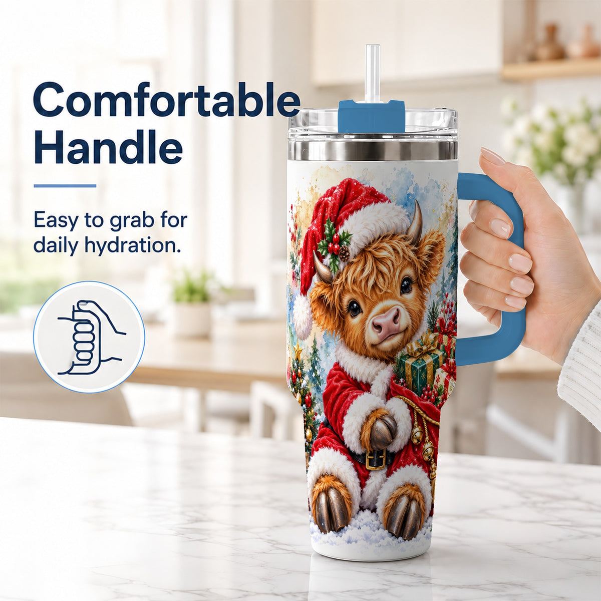 #pl[40oz|Blue] Watercolor Cow 40oz Tumbler, Highland Tumbler, Stainless Steel Travel Cup