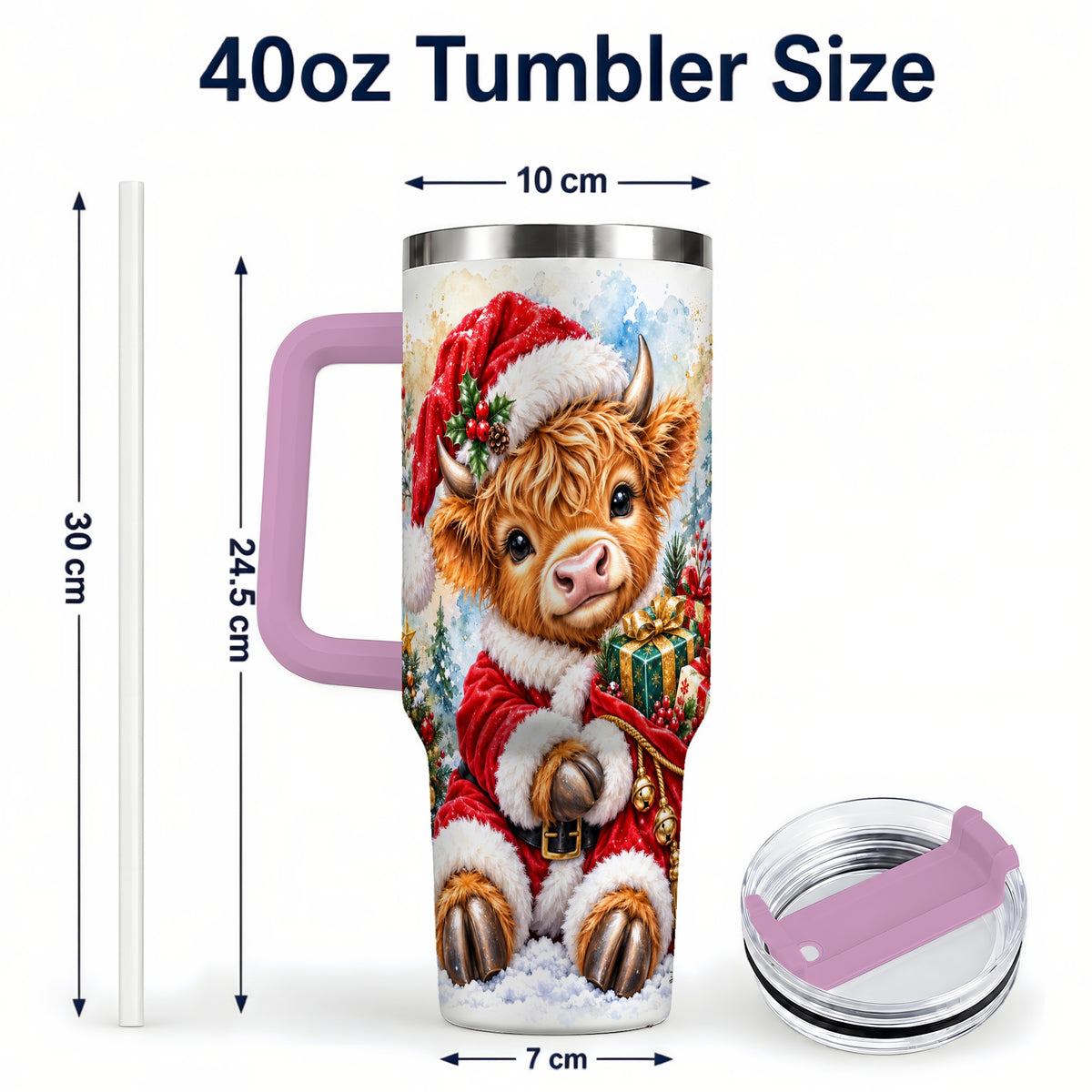 #pl[40oz|Pink] Watercolor Cow 40oz Tumbler, Highland Tumbler, Stainless Steel Travel Cup