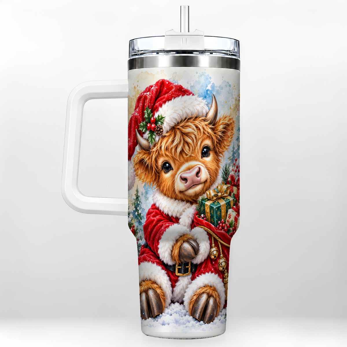 #pl[40oz|White] Watercolor Cow 40oz Tumbler, Highland Tumbler, Stainless Steel Travel Cup
