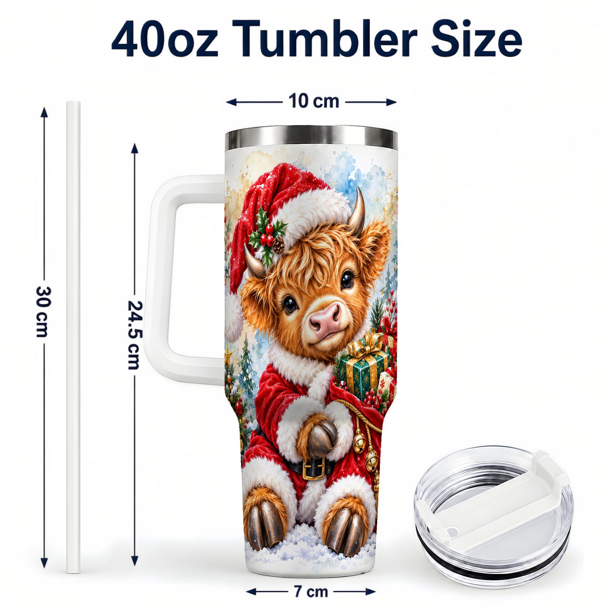#pl[40oz|White] Watercolor Cow 40oz Tumbler, Highland Tumbler, Stainless Steel Travel Cup