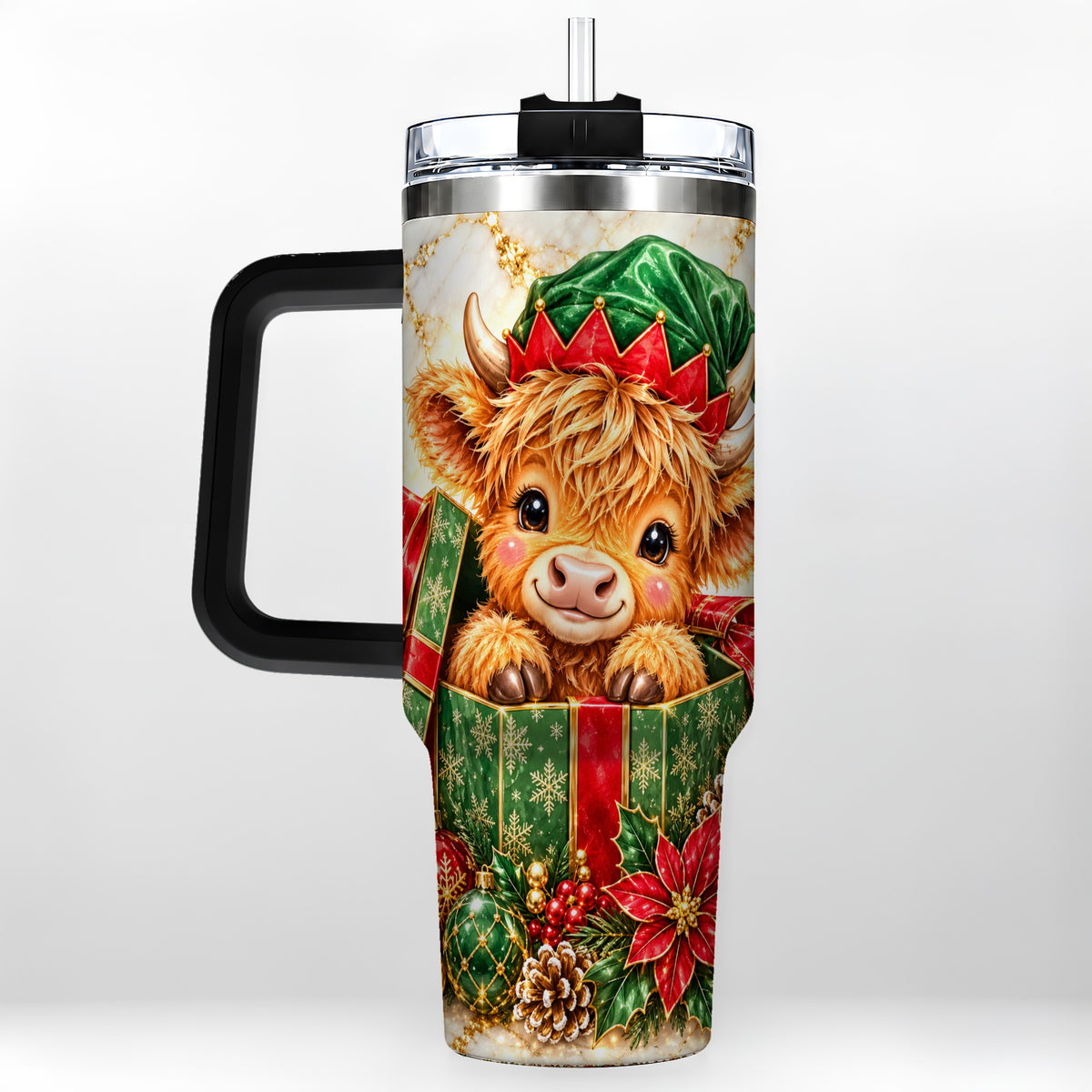 #pl[40oz|Black] Elf Highland Cow 40oz Tumbler, Cow Tumbler, Stainless Steel Travel Cup