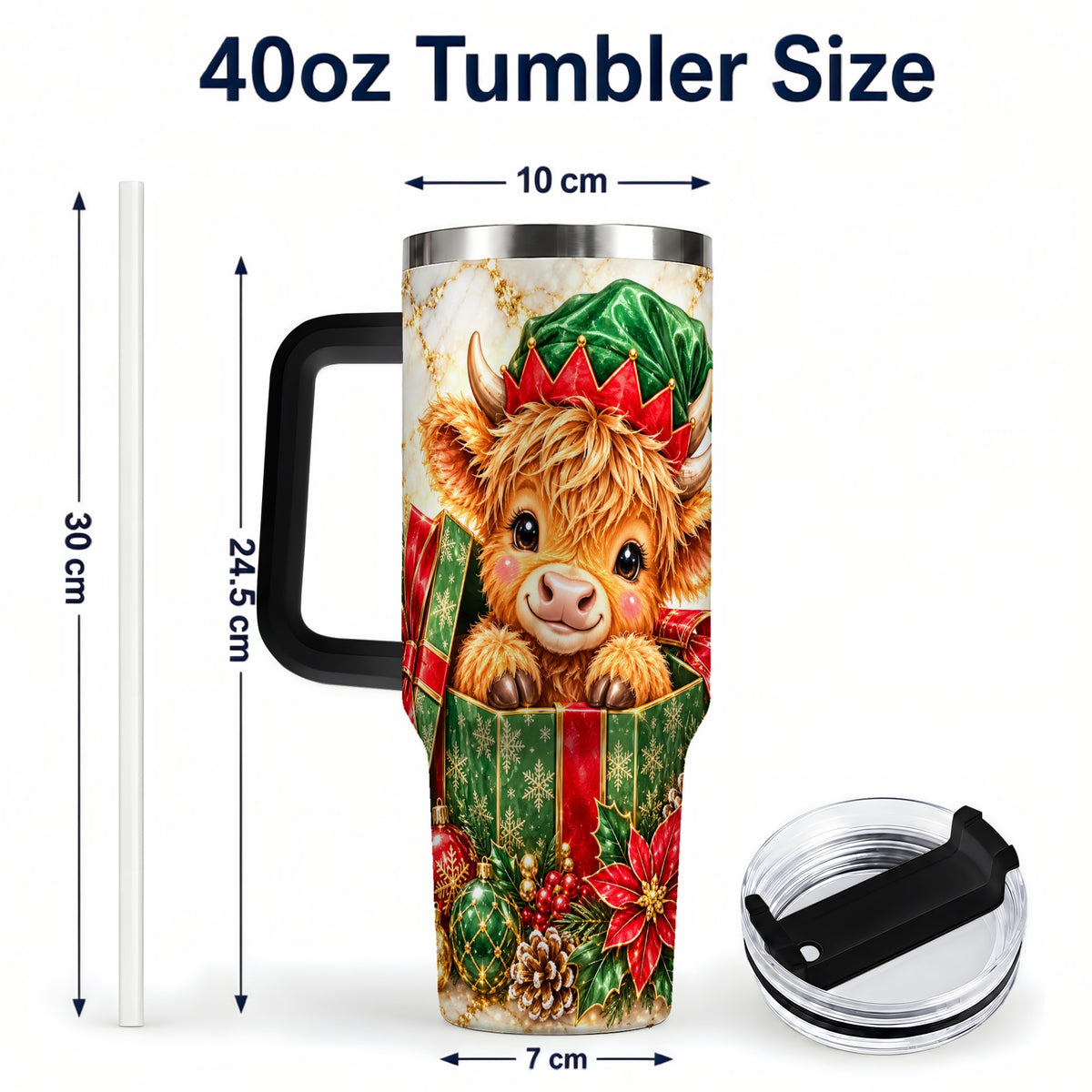 #pl[40oz|Black] Elf Highland Cow 40oz Tumbler, Cow Tumbler, Stainless Steel Travel Cup