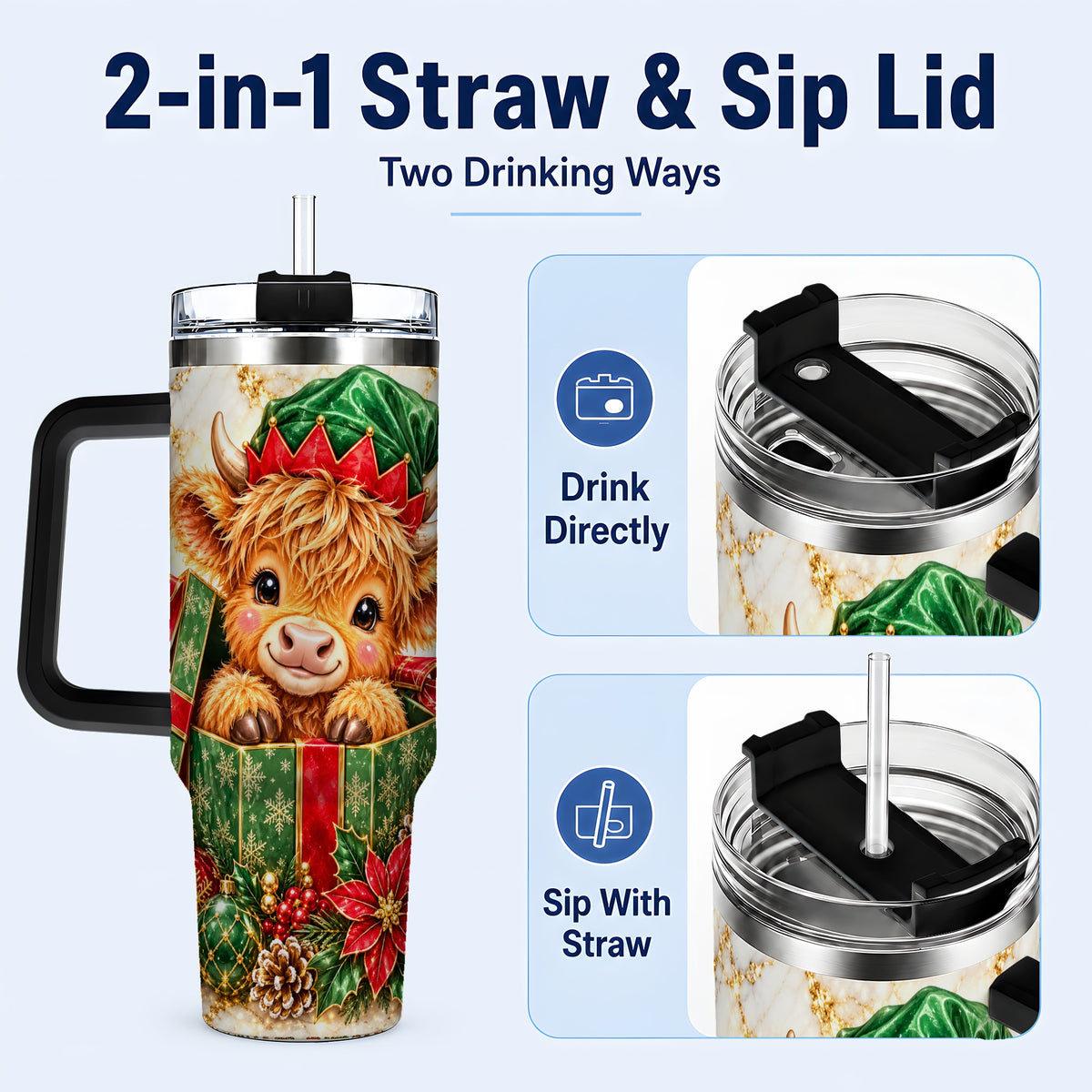 #pl[40oz|Black] Elf Highland Cow 40oz Tumbler, Cow Tumbler, Stainless Steel Travel Cup