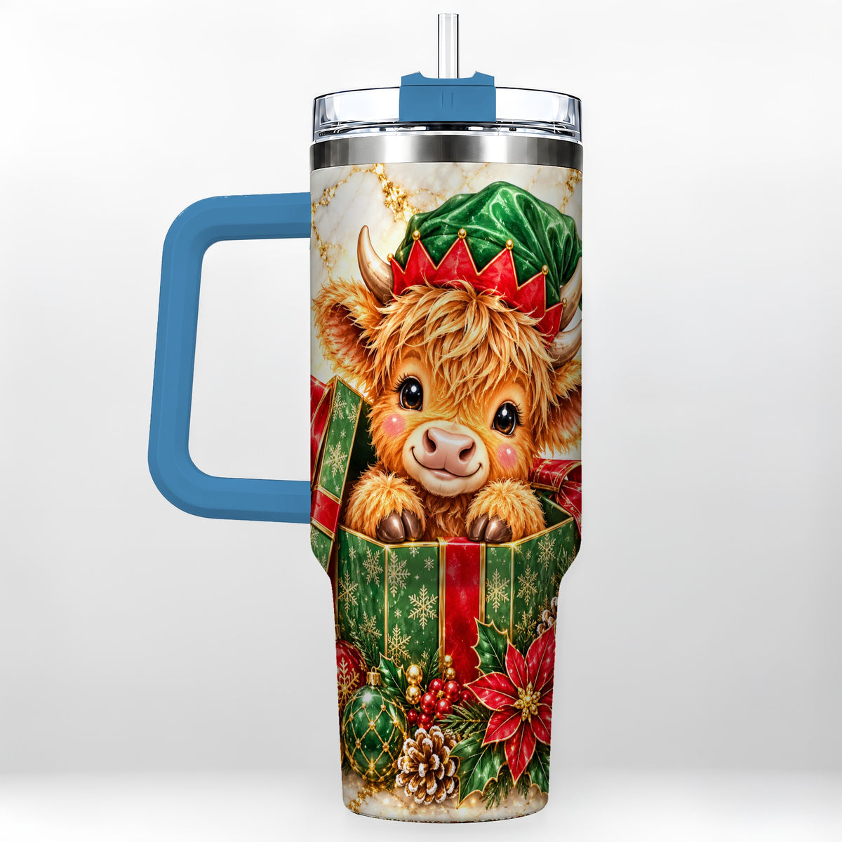 #pl[40oz|Blue] Elf Highland Cow 40oz Tumbler, Cow Tumbler, Stainless Steel Travel Cup