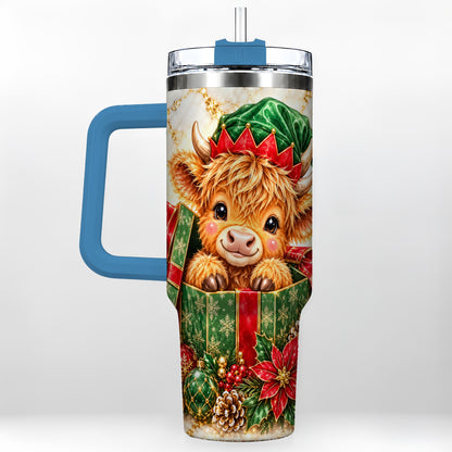 #pl[40oz|Blue] Elf Highland Cow 40oz Tumbler, Cow Tumbler, Stainless Steel Travel Cup