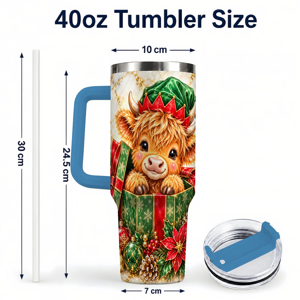 #pl[40oz|Blue] Elf Highland Cow 40oz Tumbler, Cow Tumbler, Stainless Steel Travel Cup