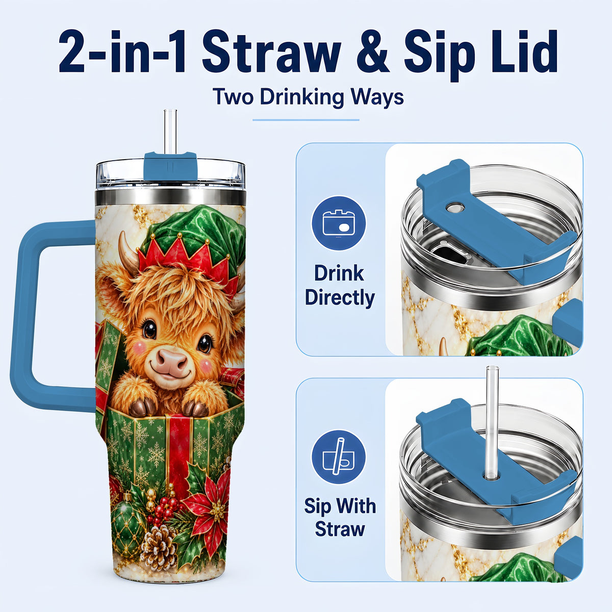#pl[40oz|Blue] Elf Highland Cow 40oz Tumbler, Cow Tumbler, Stainless Steel Travel Cup