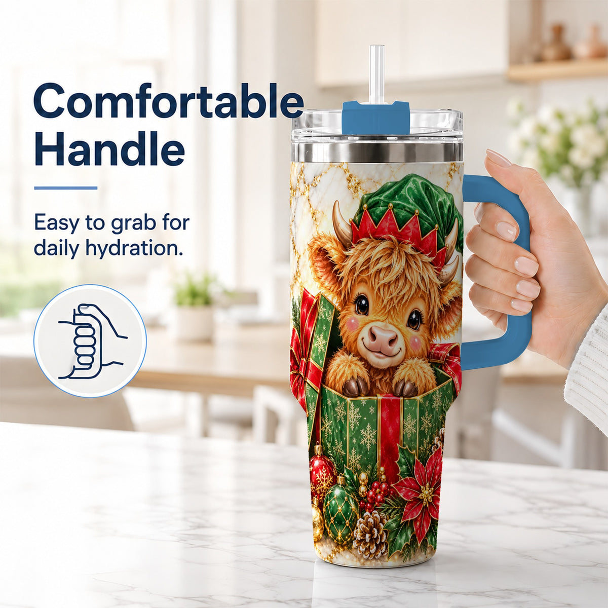 #pl[40oz|Blue] Elf Highland Cow 40oz Tumbler, Cow Tumbler, Stainless Steel Travel Cup