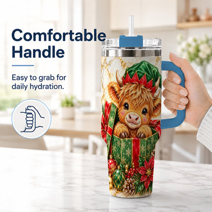 #pl[40oz|Blue] Elf Highland Cow 40oz Tumbler, Cow Tumbler, Stainless Steel Travel Cup