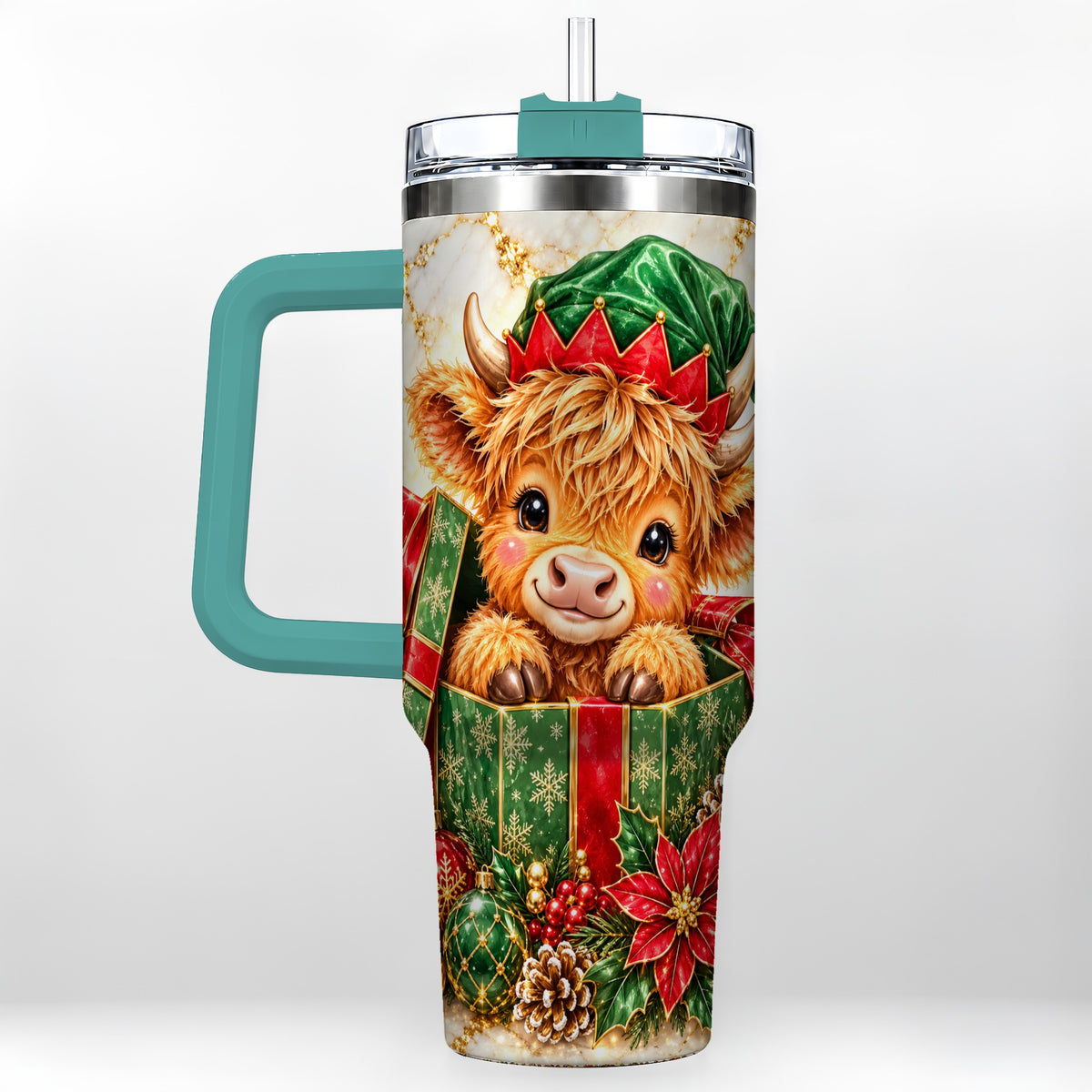 #pl[40oz|Green] Elf Highland Cow 40oz Tumbler, Cow Tumbler, Stainless Steel Travel Cup