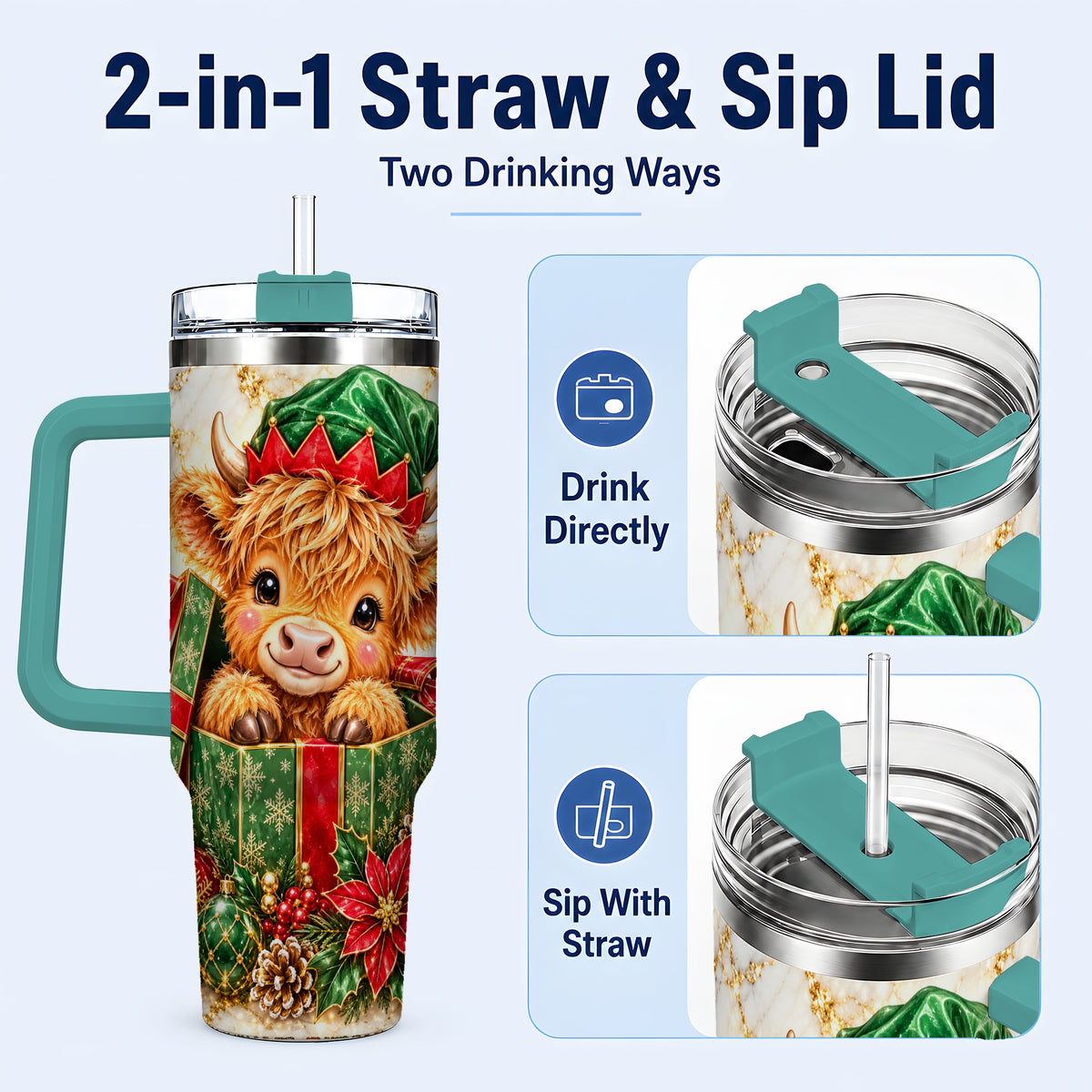 #pl[40oz|Green] Elf Highland Cow 40oz Tumbler, Cow Tumbler, Stainless Steel Travel Cup