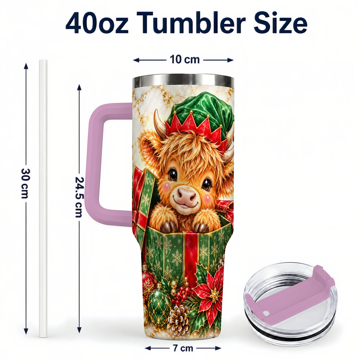 #pl[40oz|Pink] Elf Highland Cow 40oz Tumbler, Cow Tumbler, Stainless Steel Travel Cup