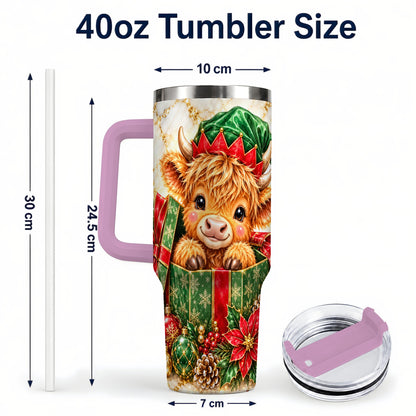 #pl[40oz|Pink] Elf Highland Cow 40oz Tumbler, Cow Tumbler, Stainless Steel Travel Cup