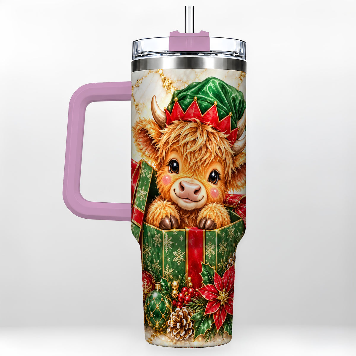 #pl[40oz|Pink] Elf Highland Cow 40oz Tumbler, Cow Tumbler, Stainless Steel Travel Cup