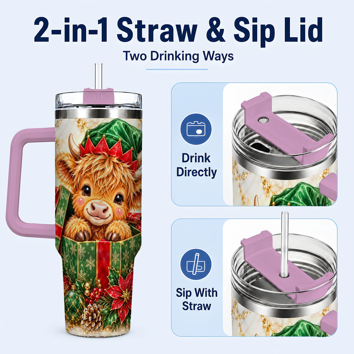 #pl[40oz|Pink] Elf Highland Cow 40oz Tumbler, Cow Tumbler, Stainless Steel Travel Cup