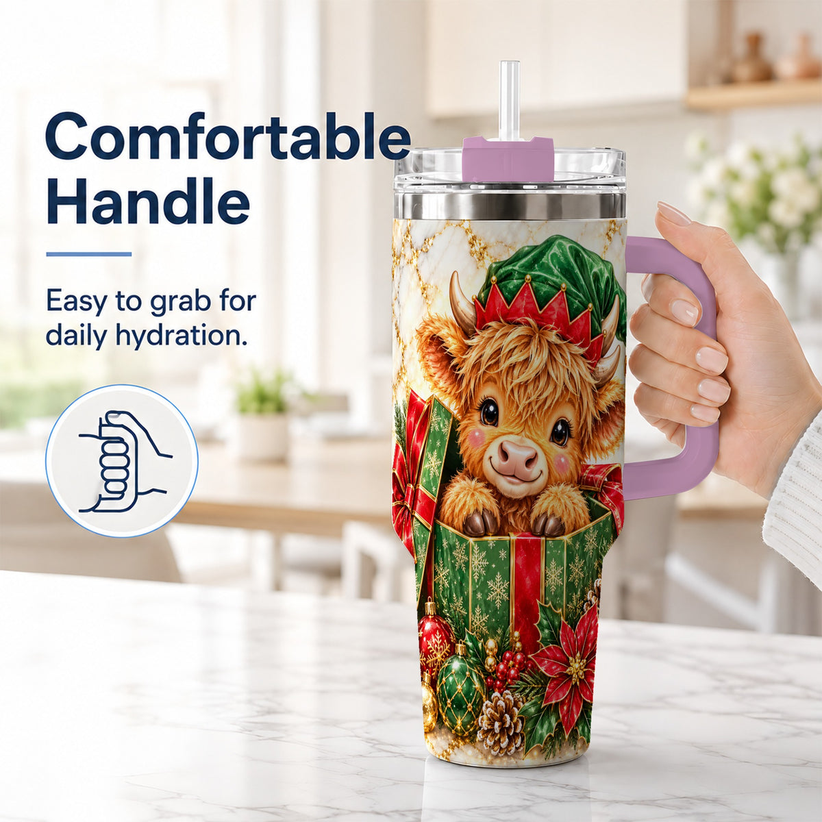#pl[40oz|Pink] Elf Highland Cow 40oz Tumbler, Cow Tumbler, Stainless Steel Travel Cup