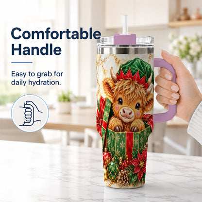 #pl[40oz|Pink] Elf Highland Cow 40oz Tumbler, Cow Tumbler, Stainless Steel Travel Cup