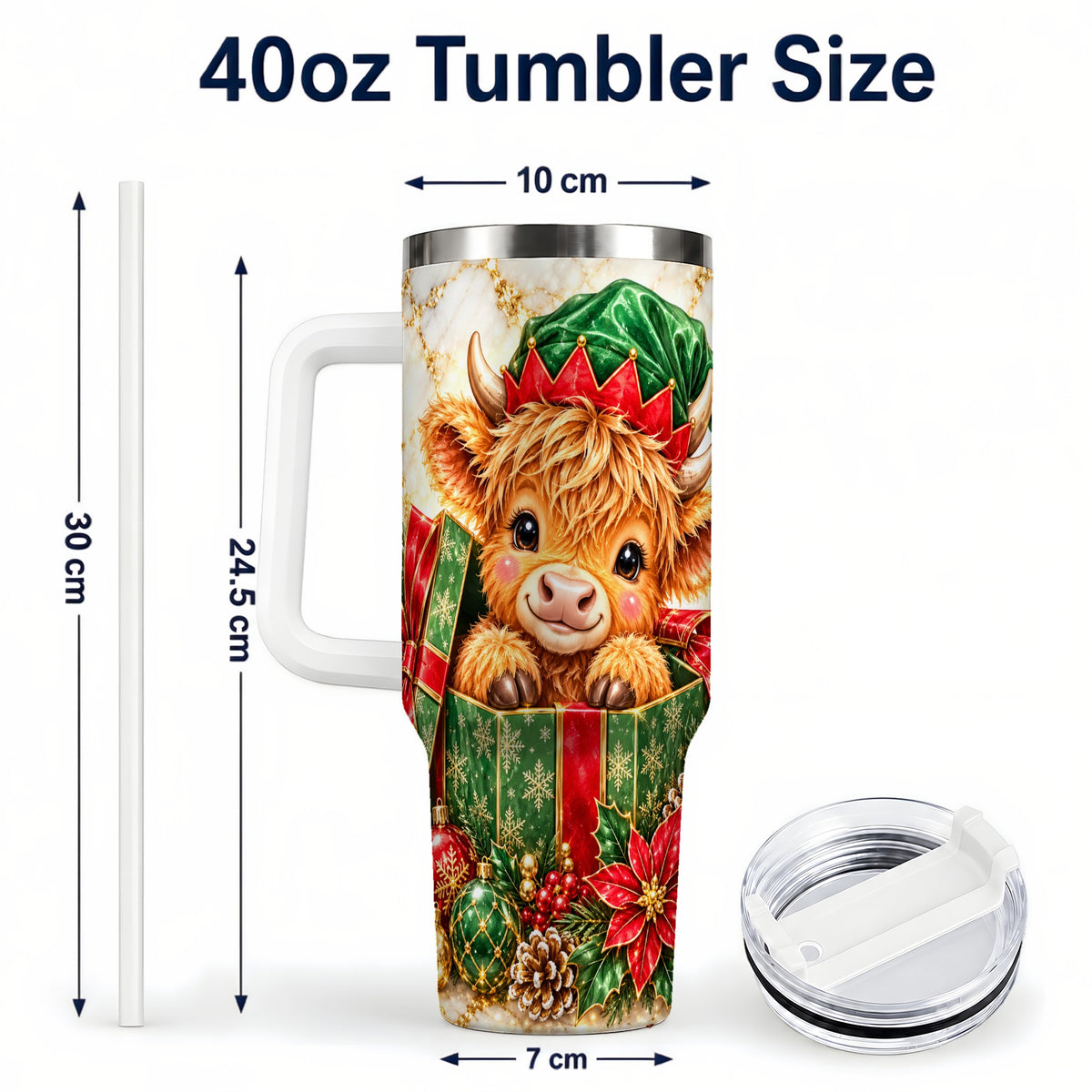 #pl[40oz|White] Elf Highland Cow 40oz Tumbler, Cow Tumbler, Stainless Steel Travel Cup